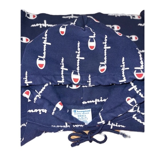 CHAMPION Reverse Weave Cropped Hoodie L/S Logo Spellout in Navy Size Sma… - Picture 6 of 9